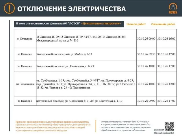 В семи городах Ленобласти с 25 по 30 октября отключат свет